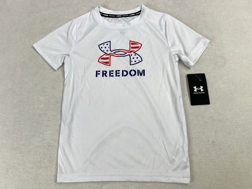Under Armour Shirt Kids Size 7 White Freedom USA Flag Sun Swimming Shirt UPF50+